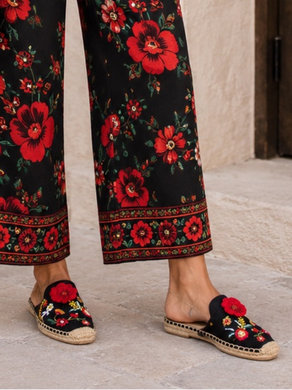 Soludos Black Espadrilles with Colorful Floral Embroidery